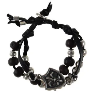Mens Multi Bead Deerskin Leather Bracelet with Fleur De Lys Shield