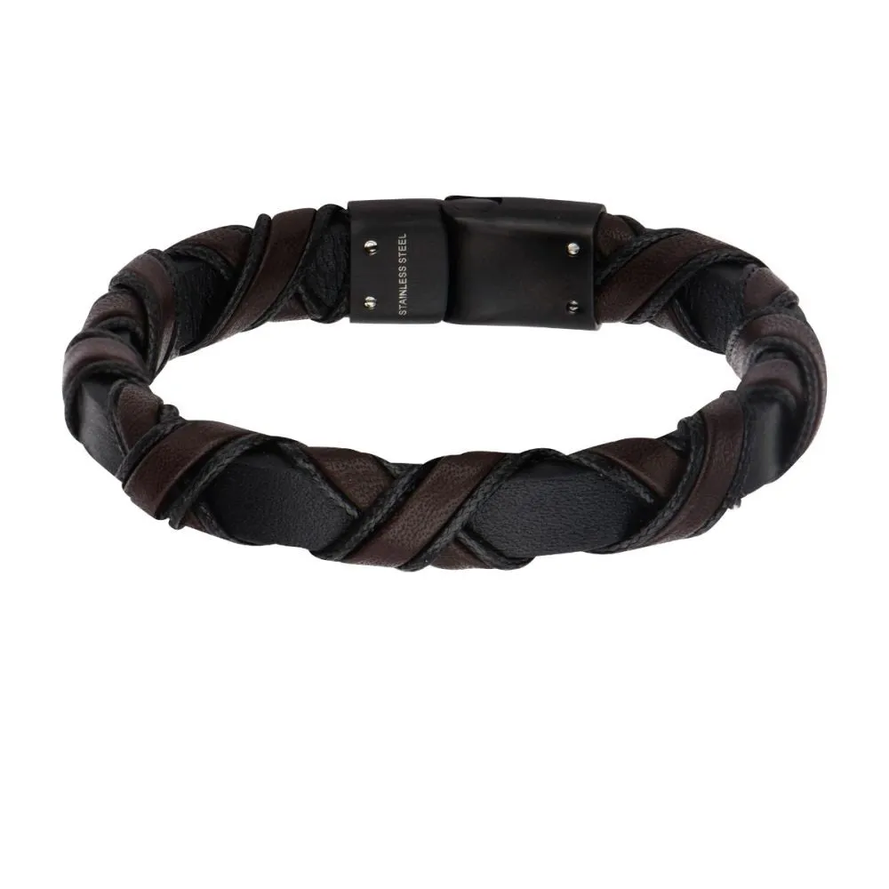 Men's Woven Full Grain Leather Bracelet in Black and Dark Brown