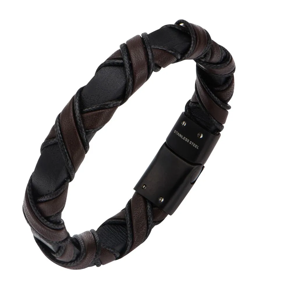 Men's Woven Full Grain Leather Bracelet in Black and Dark Brown