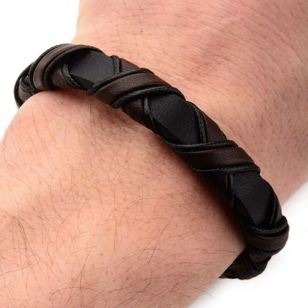 Men's Woven Full Grain Leather Bracelet in Black and Dark Brown