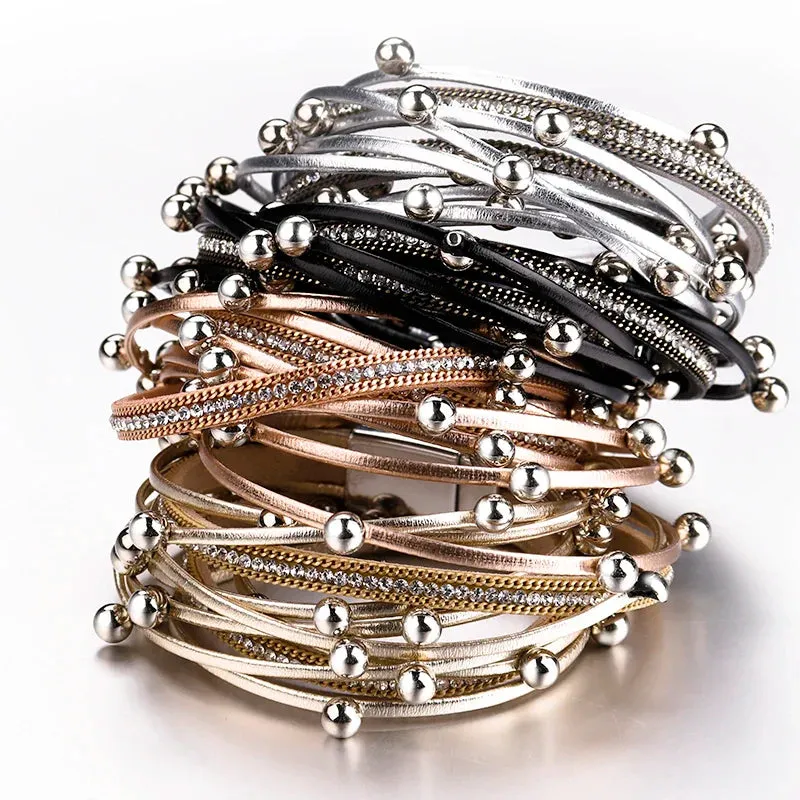 Metal Beads Charm Leather Bracelets for Women Fashion Crystal Chain Bohemian Multilayer Wrap Bracelet Female Jewelry