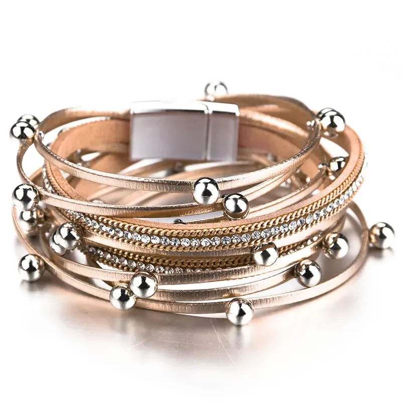 Metal Beads Charm Leather Bracelets for Women Fashion Crystal Chain Bohemian Multilayer Wrap Bracelet Female Jewelry