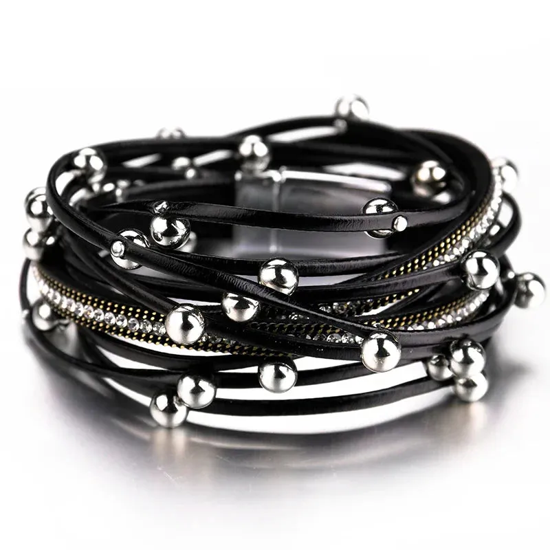Metal Beads Charm Leather Bracelets for Women Fashion Crystal Chain Bohemian Multilayer Wrap Bracelet Female Jewelry