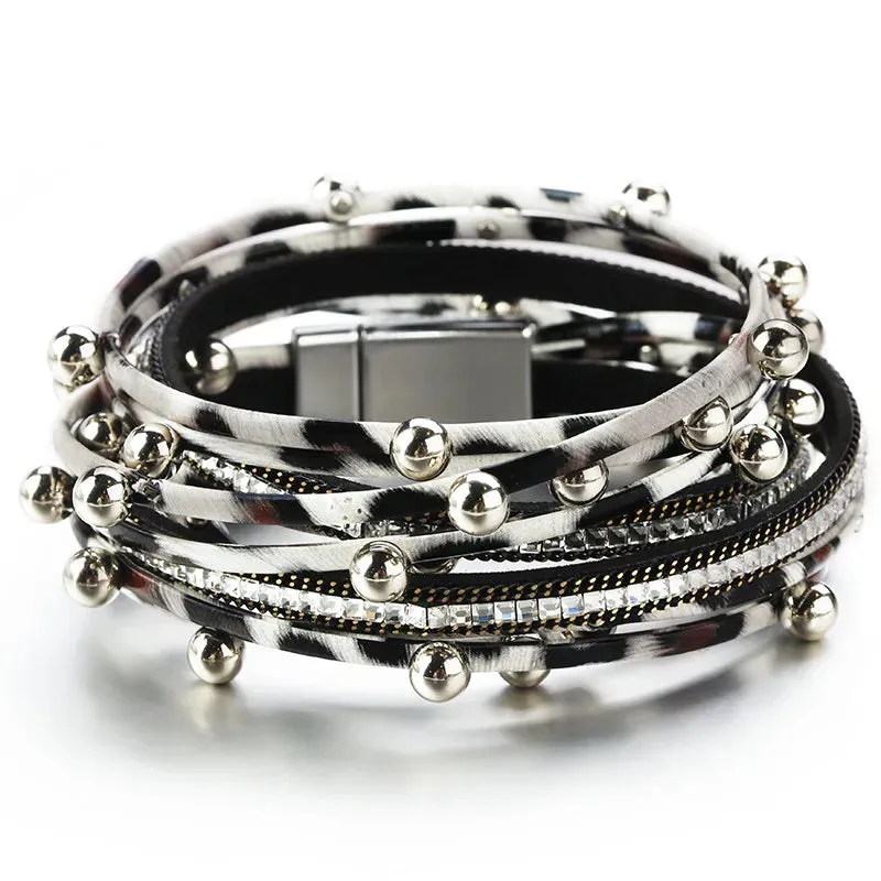 Metal Beads Charm Leather Bracelets for Women Fashion Crystal Chain Bohemian Multilayer Wrap Bracelet Female Jewelry