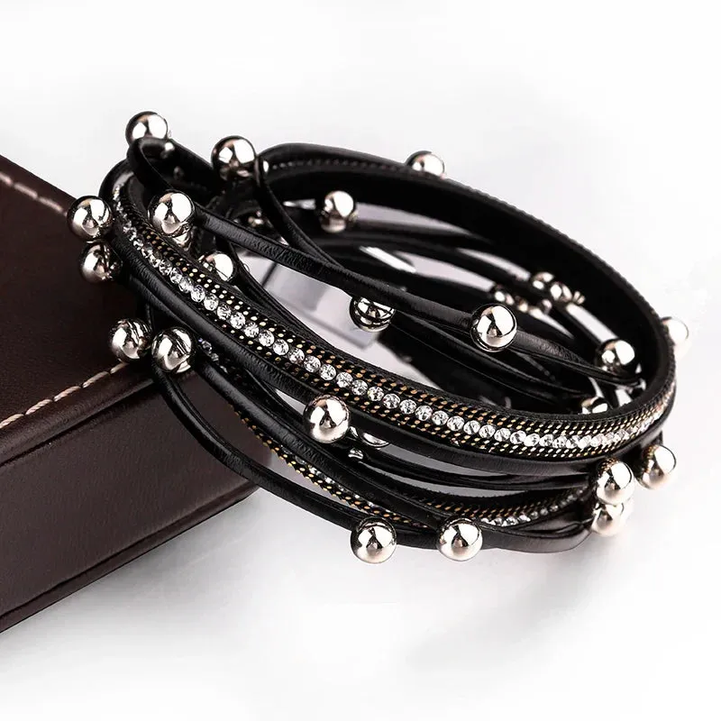Metal Beads Charm Leather Bracelets for Women Fashion Crystal Chain Bohemian Multilayer Wrap Bracelet Female Jewelry
