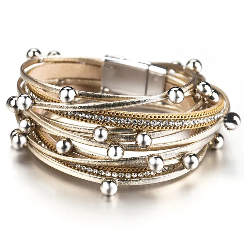 Metal Beads Charm Leather Bracelets for Women Fashion Crystal Chain Bohemian Multilayer Wrap Bracelet Female Jewelry