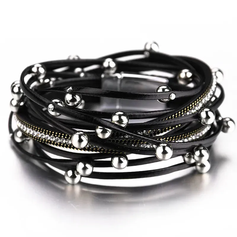 Metal Beads Charm Leather Bracelets for Women Fashion Crystal Chain Bohemian Multilayer Wrap Bracelet Female Jewelry