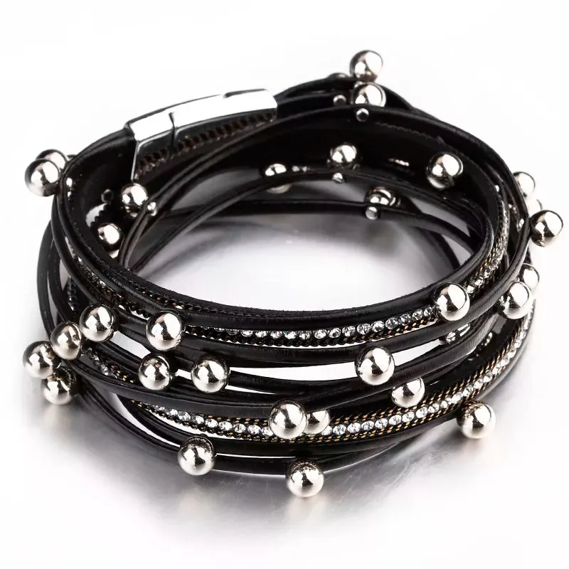 Metal Beads Charm Leather Bracelets for Women Fashion Crystal Chain Bohemian Multilayer Wrap Bracelet Female Jewelry