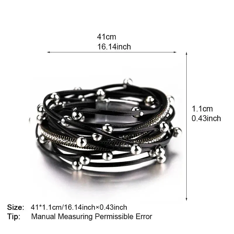 Metal Beads Charm Leather Bracelets for Women Fashion Crystal Chain Bohemian Multilayer Wrap Bracelet Female Jewelry