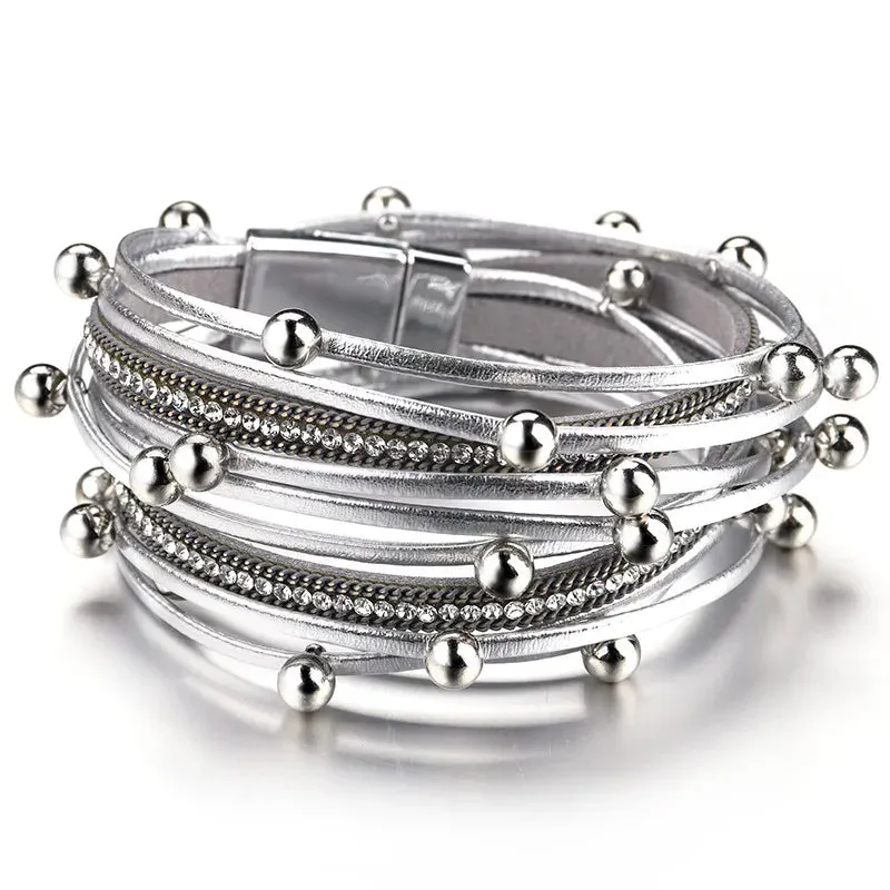 Metal Beads Charm Leather Bracelets for Women Fashion Crystal Chain Bohemian Multilayer Wrap Bracelet Female Jewelry