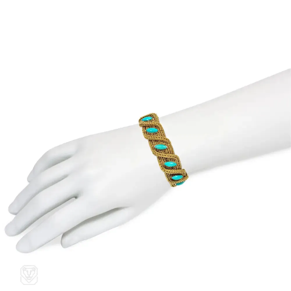 Mid-Century Italian woven gold and turquoise bracelet