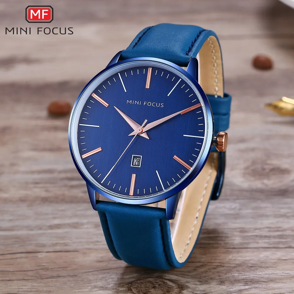 MINI FOCUS Men Watch Top Luxury Leather Classic Fashion Design Simple Date Display Waterproof Quartz Watch