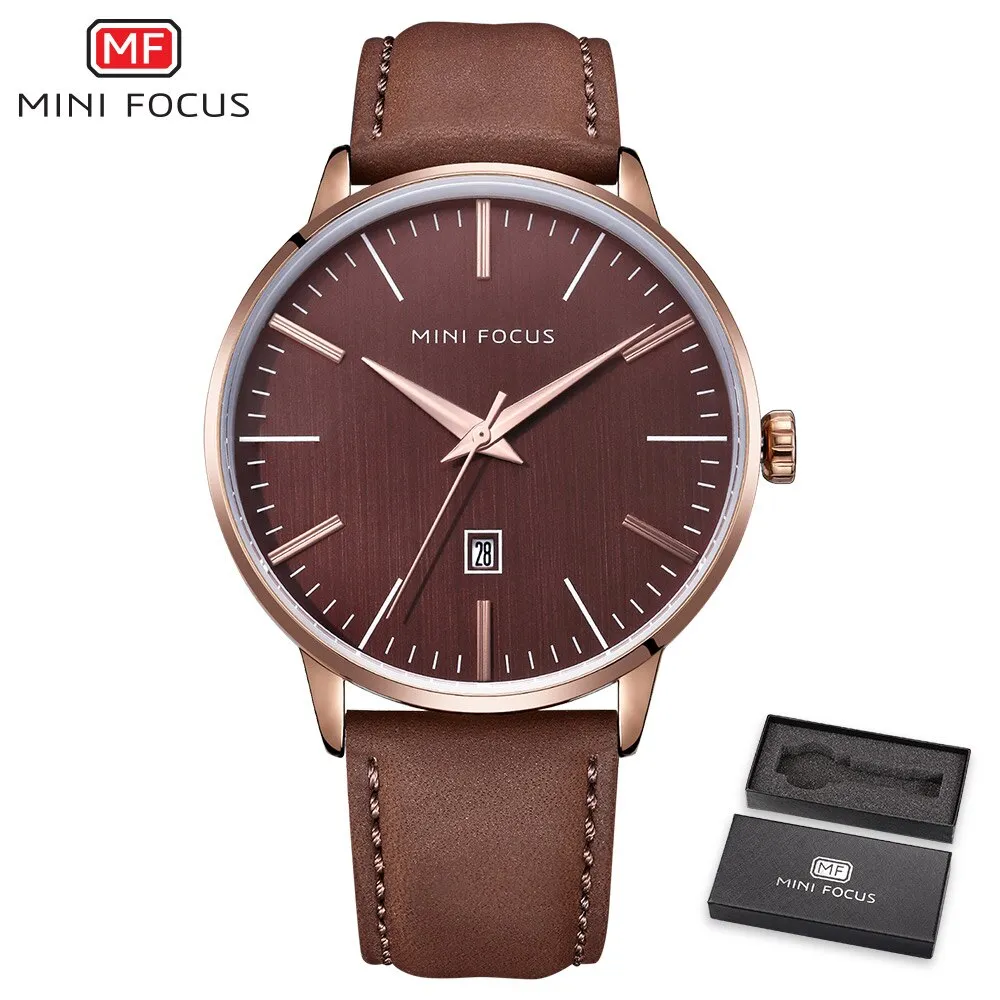 MINI FOCUS Men Watch Top Luxury Leather Classic Fashion Design Simple Date Display Waterproof Quartz Watch
