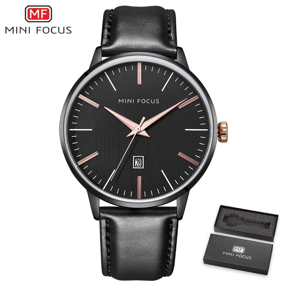 MINI FOCUS Men Watch Top Luxury Leather Classic Fashion Design Simple Date Display Waterproof Quartz Watch