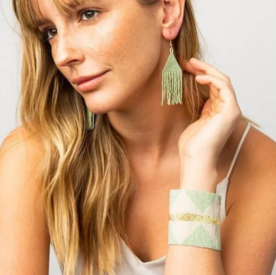 Mint & Ivory Diamonds With Gold Stripe Stretch Beaded Bracelet - FINAL SALE