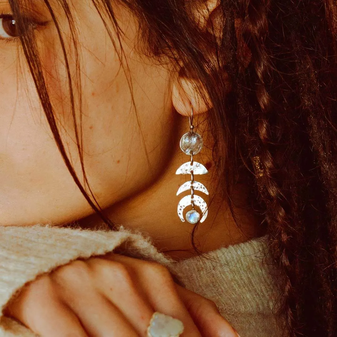 Moon Phase Moonstone Drop Earrings Sterling Silver