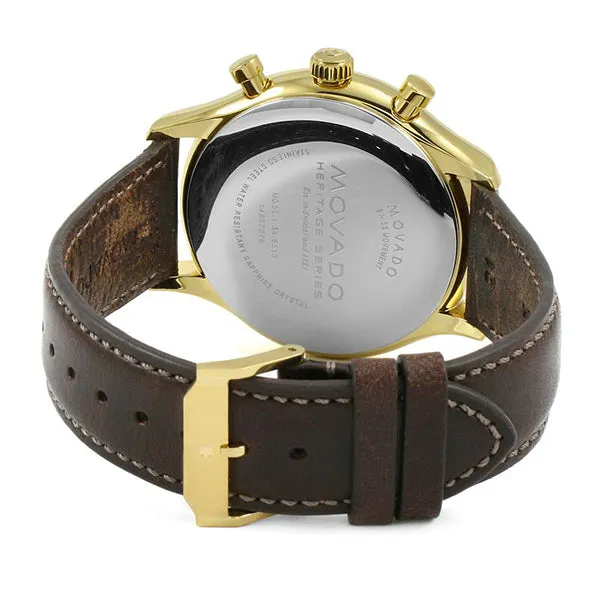 Movado Heritage Brown Leather Black Dial Chronograph Quartz Watch for Gents- 3650007