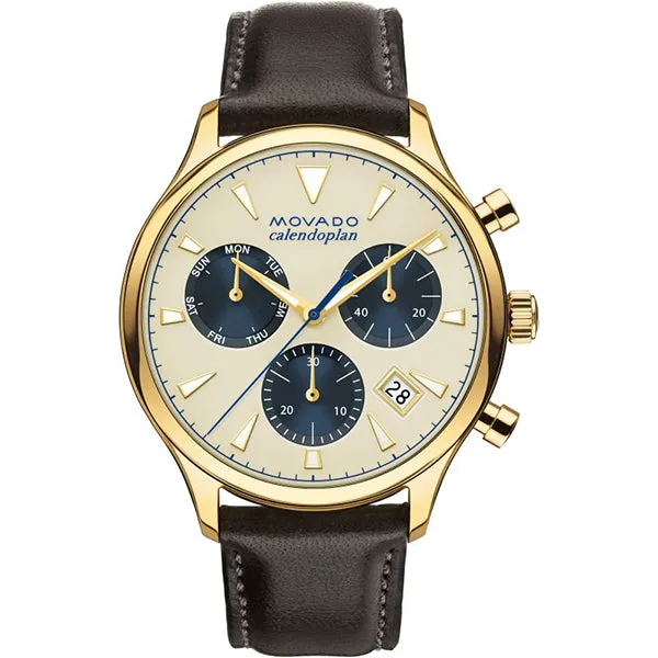 Movado Heritage Brown Leather Black Dial Chronograph Quartz Watch for Gents- 3650007
