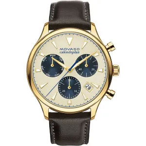 Movado Heritage Brown Leather Black Dial Chronograph Quartz Watch for Gents- 3650007