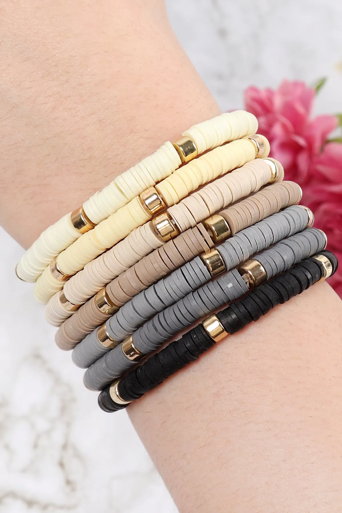 Multi Line Leather Beaded Stretch Bracelet Black Multi - Pack of 6