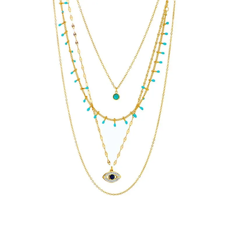 Multilayer Green Stone Eye Necklace
