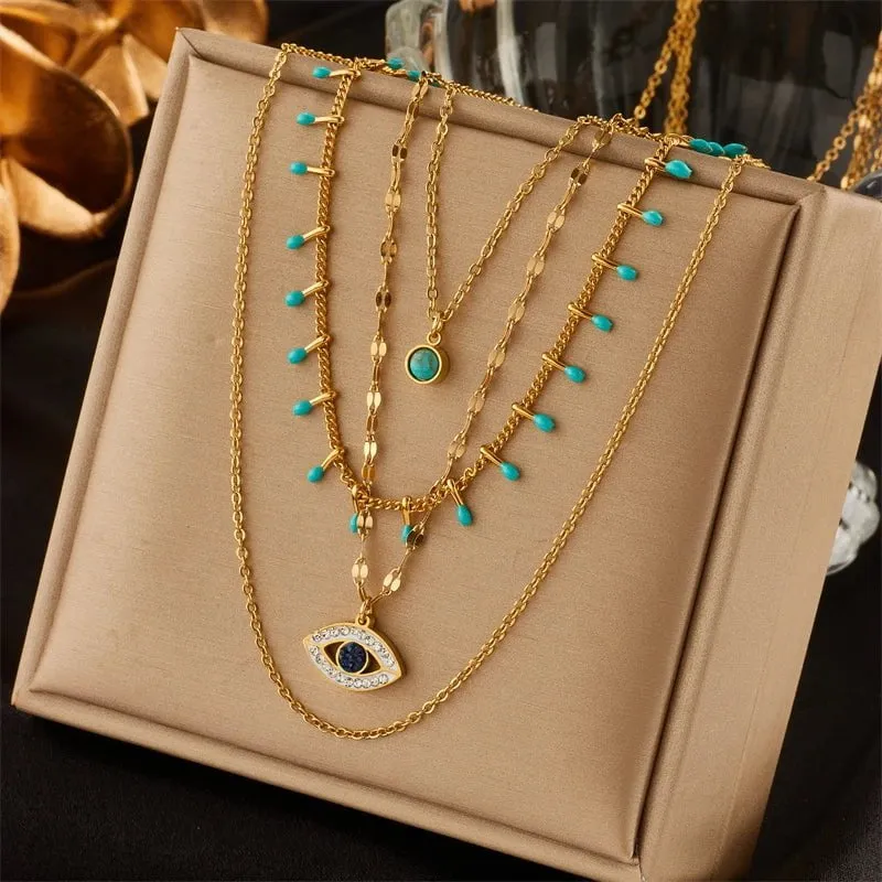 Multilayer Green Stone Eye Necklace
