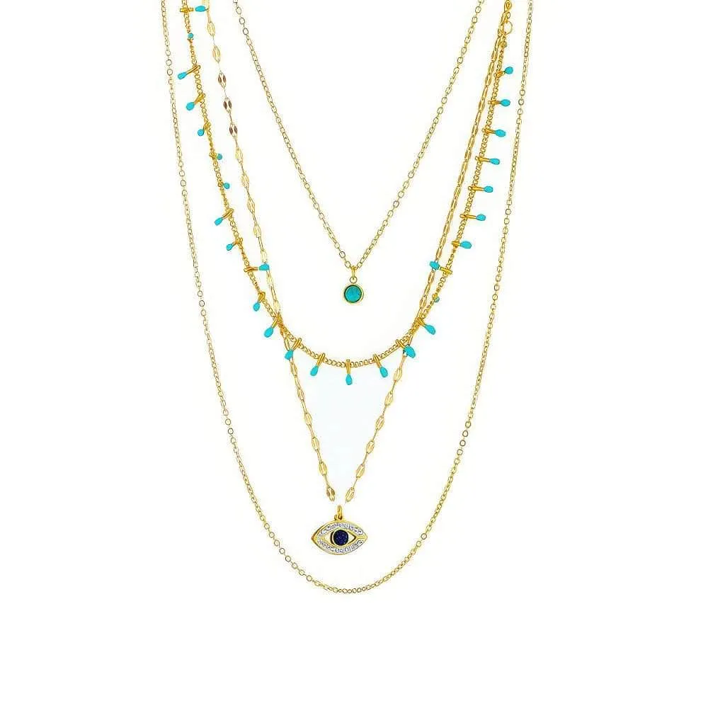 Multilayer Green Stone Eye Necklace