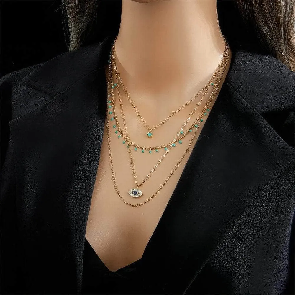 Multilayer Green Stone Eye Necklace