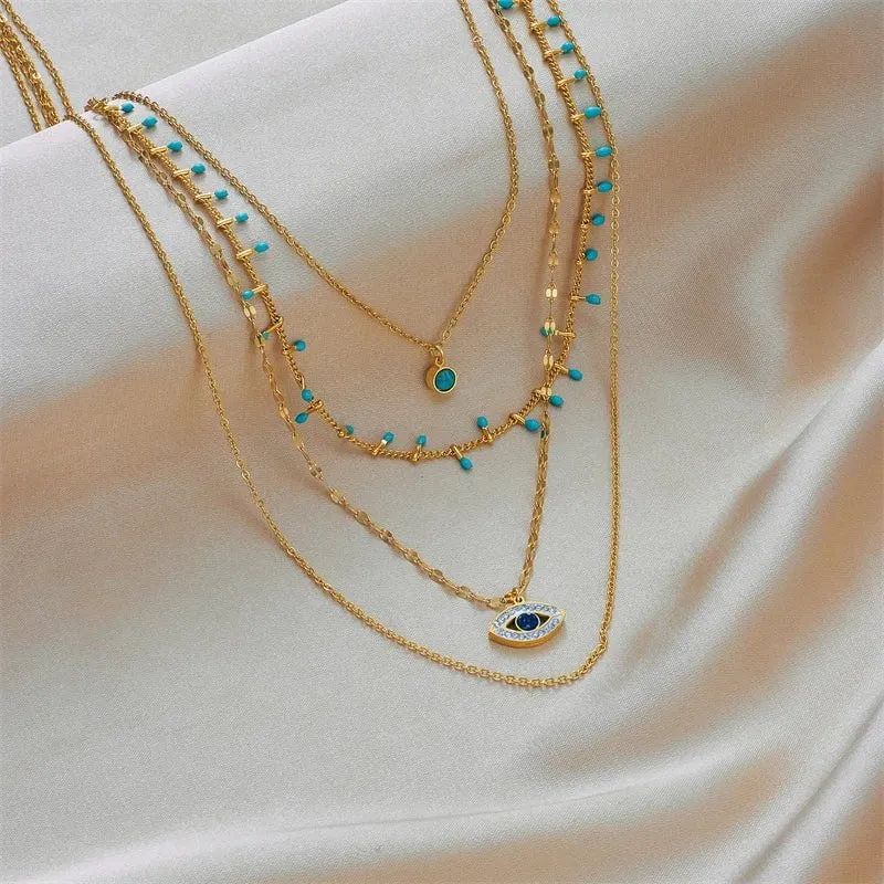 Multilayer Green Stone Eye Necklace