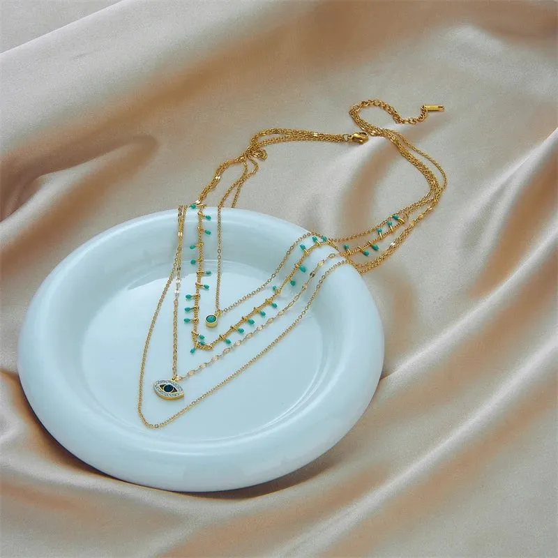 Multilayer Green Stone Eye Necklace