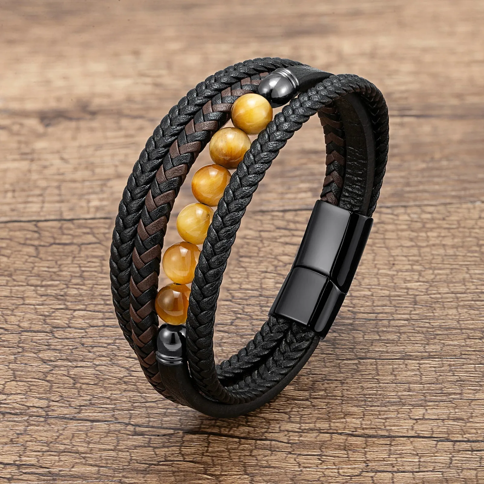 Natural Round Lava Stone Beaded Charm Bracelet Men Multilayer Woven Leather Bracelet Fashion Tiger Eye Jewelry Boyfriend Gift
