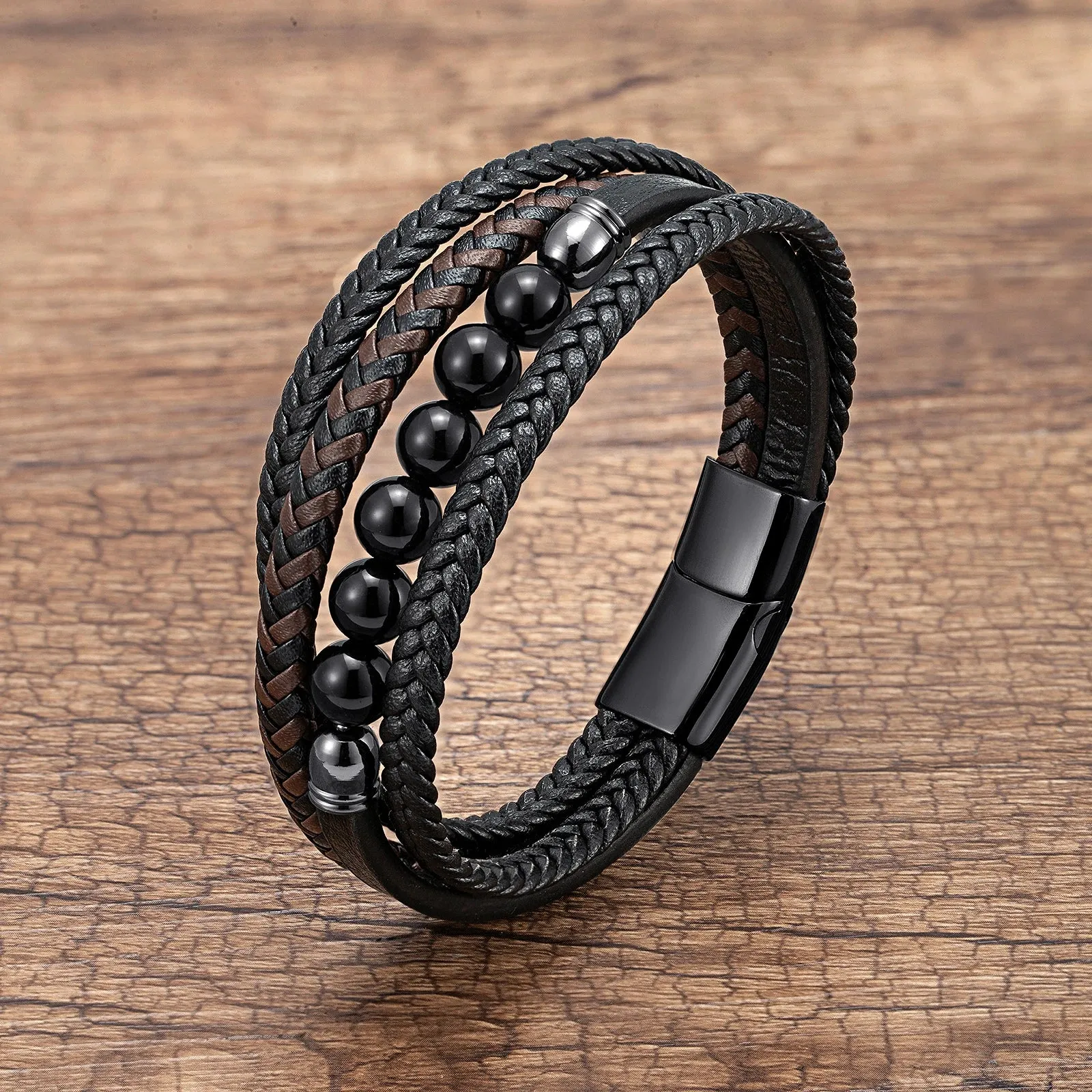 Natural Round Lava Stone Beaded Charm Bracelet Men Multilayer Woven Leather Bracelet Fashion Tiger Eye Jewelry Boyfriend Gift