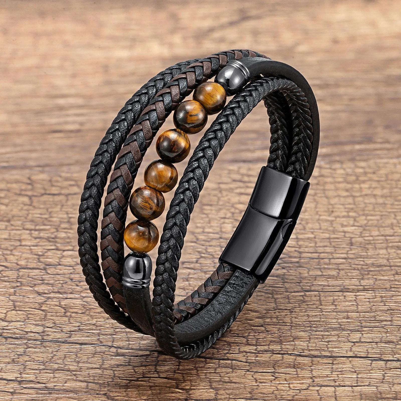 Natural Round Lava Stone Beaded Charm Bracelet Men Multilayer Woven Leather Bracelet Fashion Tiger Eye Jewelry Boyfriend Gift