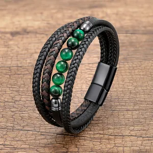 Natural Round Lava Stone Beaded Charm Bracelet Men Multilayer Woven Leather Bracelet Fashion Tiger Eye Jewelry Boyfriend Gift