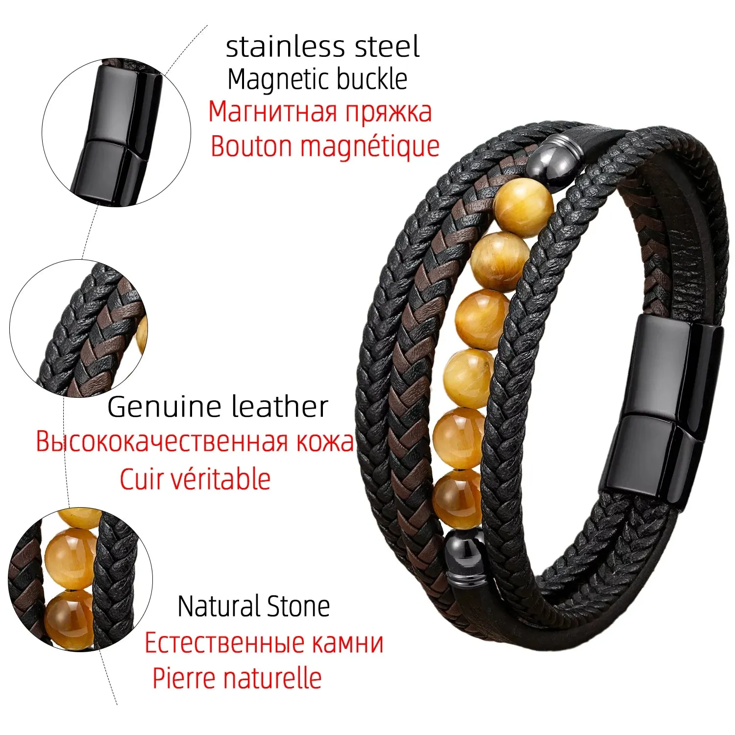Natural Round Lava Stone Beaded Charm Bracelet Men Multilayer Woven Leather Bracelet Fashion Tiger Eye Jewelry Boyfriend Gift