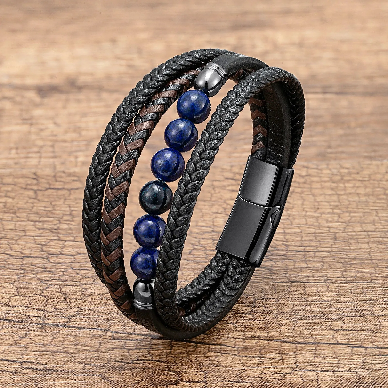 Natural Round Lava Stone Beaded Charm Bracelet Men Multilayer Woven Leather Bracelet Fashion Tiger Eye Jewelry Boyfriend Gift