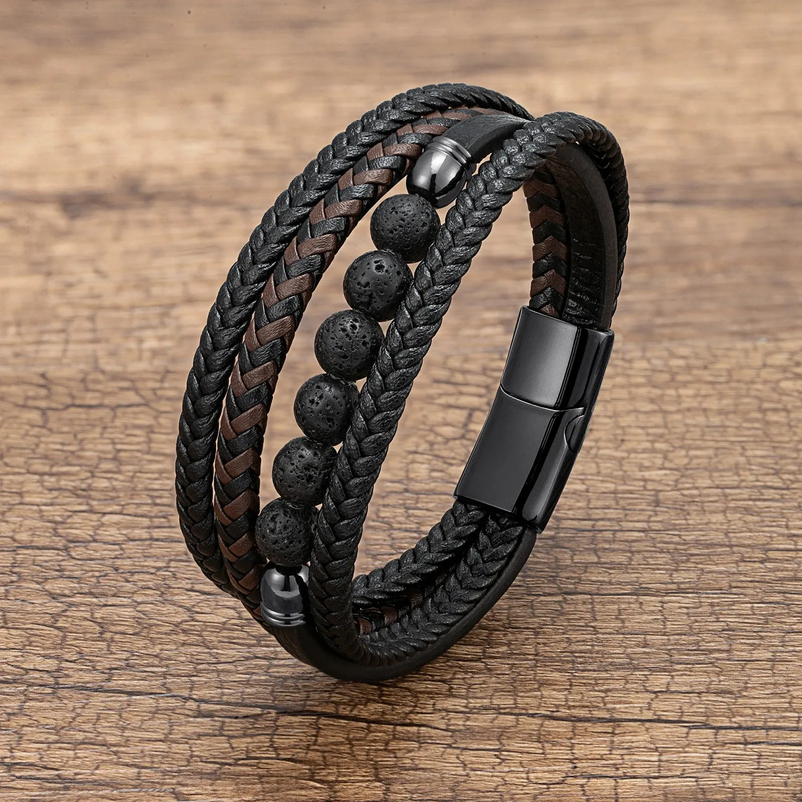 Natural Round Lava Stone Beaded Charm Bracelet Men Multilayer Woven Leather Bracelet Fashion Tiger Eye Jewelry Boyfriend Gift