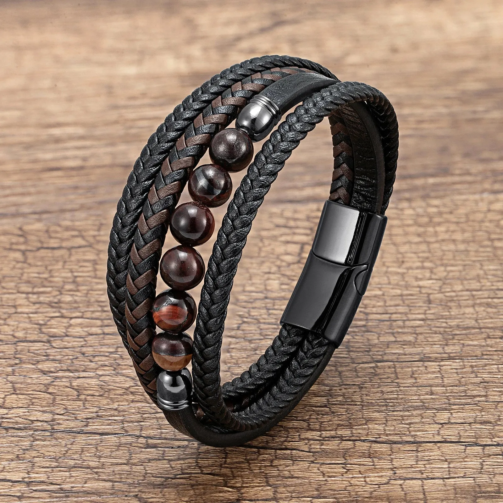 Natural Round Lava Stone Beaded Charm Bracelet Men Multilayer Woven Leather Bracelet Fashion Tiger Eye Jewelry Boyfriend Gift