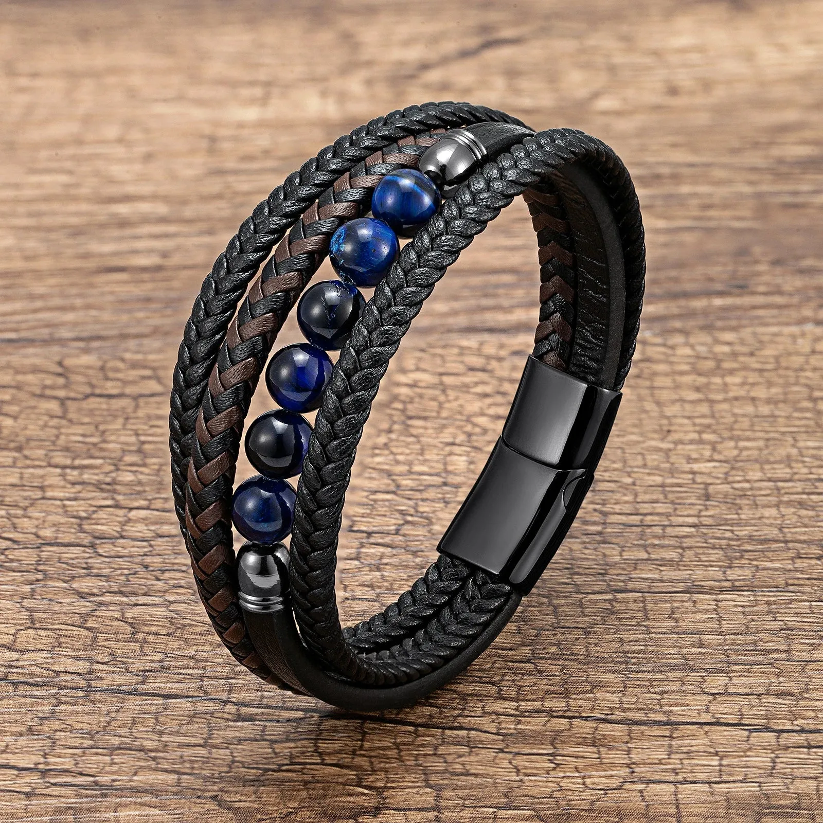 Natural Round Lava Stone Beaded Charm Bracelet Men Multilayer Woven Leather Bracelet Fashion Tiger Eye Jewelry Boyfriend Gift
