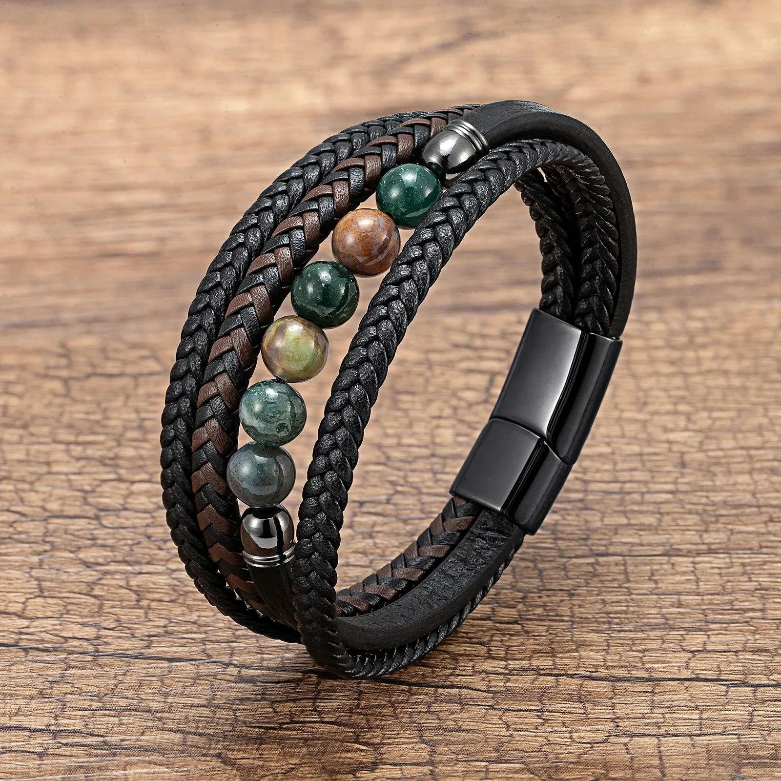 Natural Round Lava Stone Beaded Charm Bracelet Men Multilayer Woven Leather Bracelet Fashion Tiger Eye Jewelry Boyfriend Gift