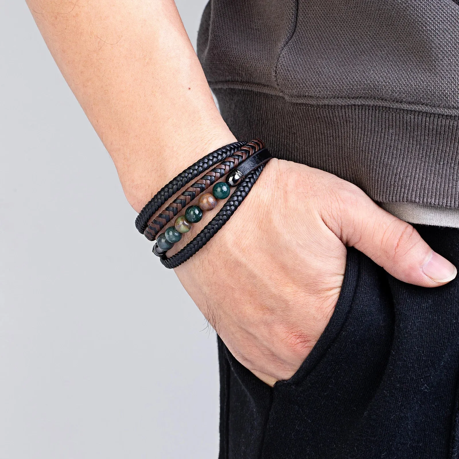 Natural Round Lava Stone Beaded Charm Bracelet Men Multilayer Woven Leather Bracelet Fashion Tiger Eye Jewelry Boyfriend Gift