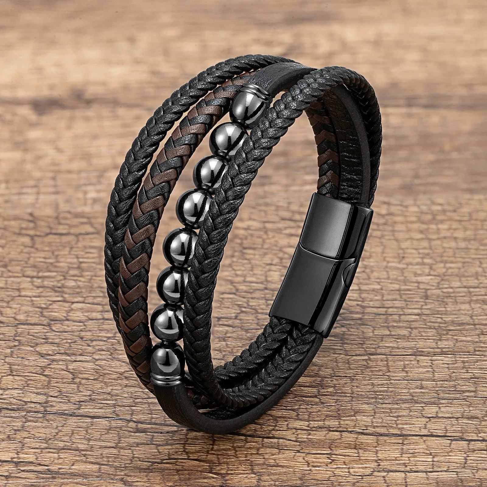 Natural Round Lava Stone Beaded Charm Bracelet Men Multilayer Woven Leather Bracelet Fashion Tiger Eye Jewelry Boyfriend Gift