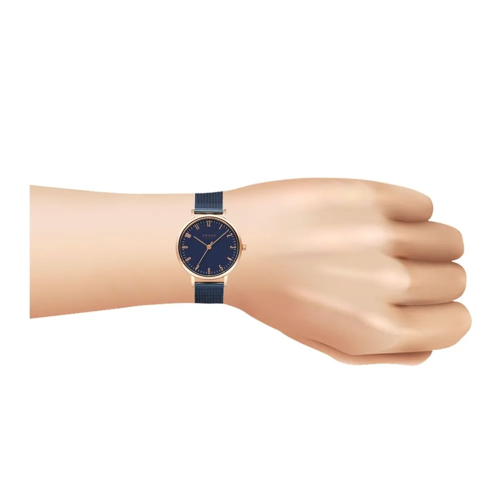Obaku Women's Rose Gold Round Dial With Navy Blue Background & Bracelet Analog Watch, V248LXVLML