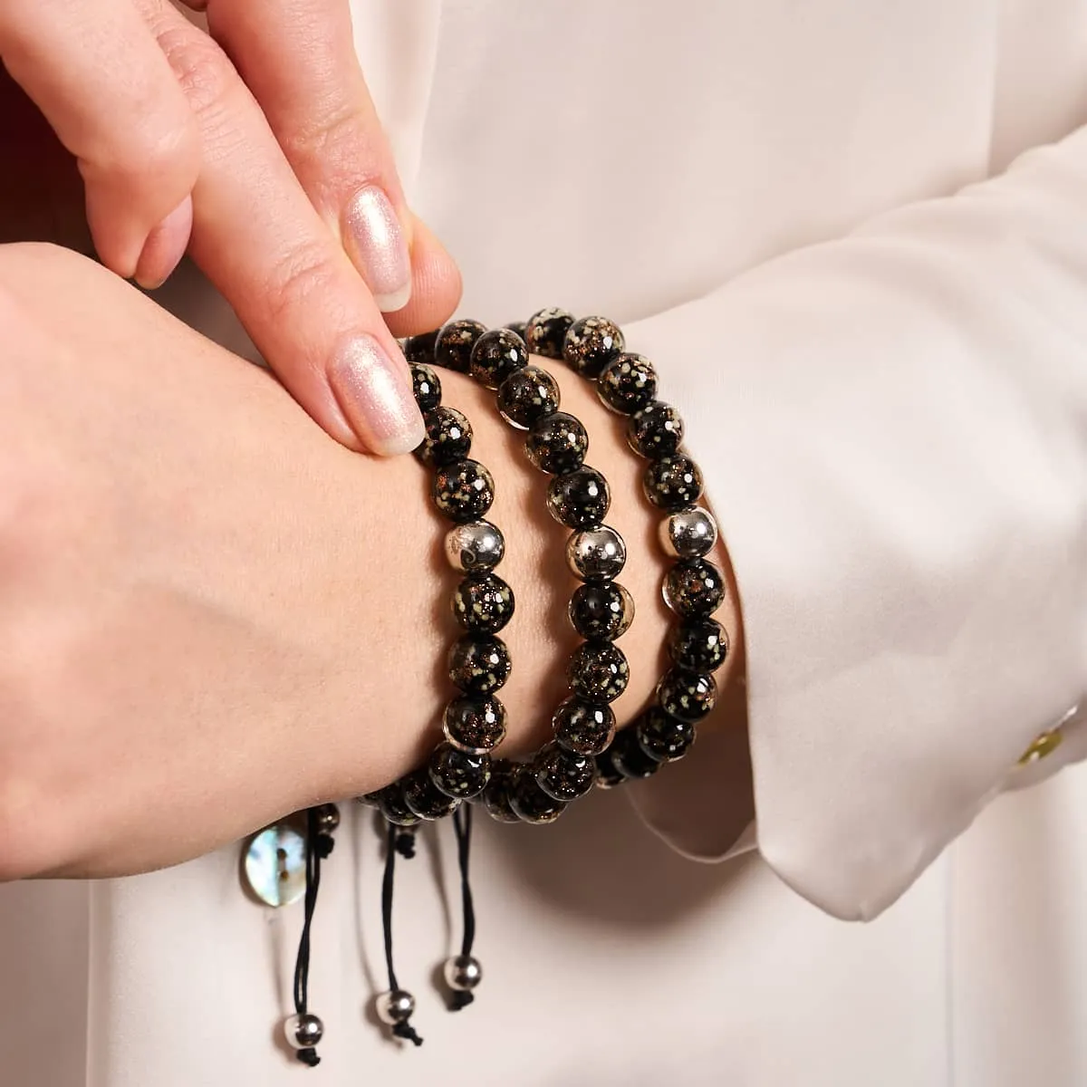 Obsidian | Silver | Firefly Glass Macrame Bracelet