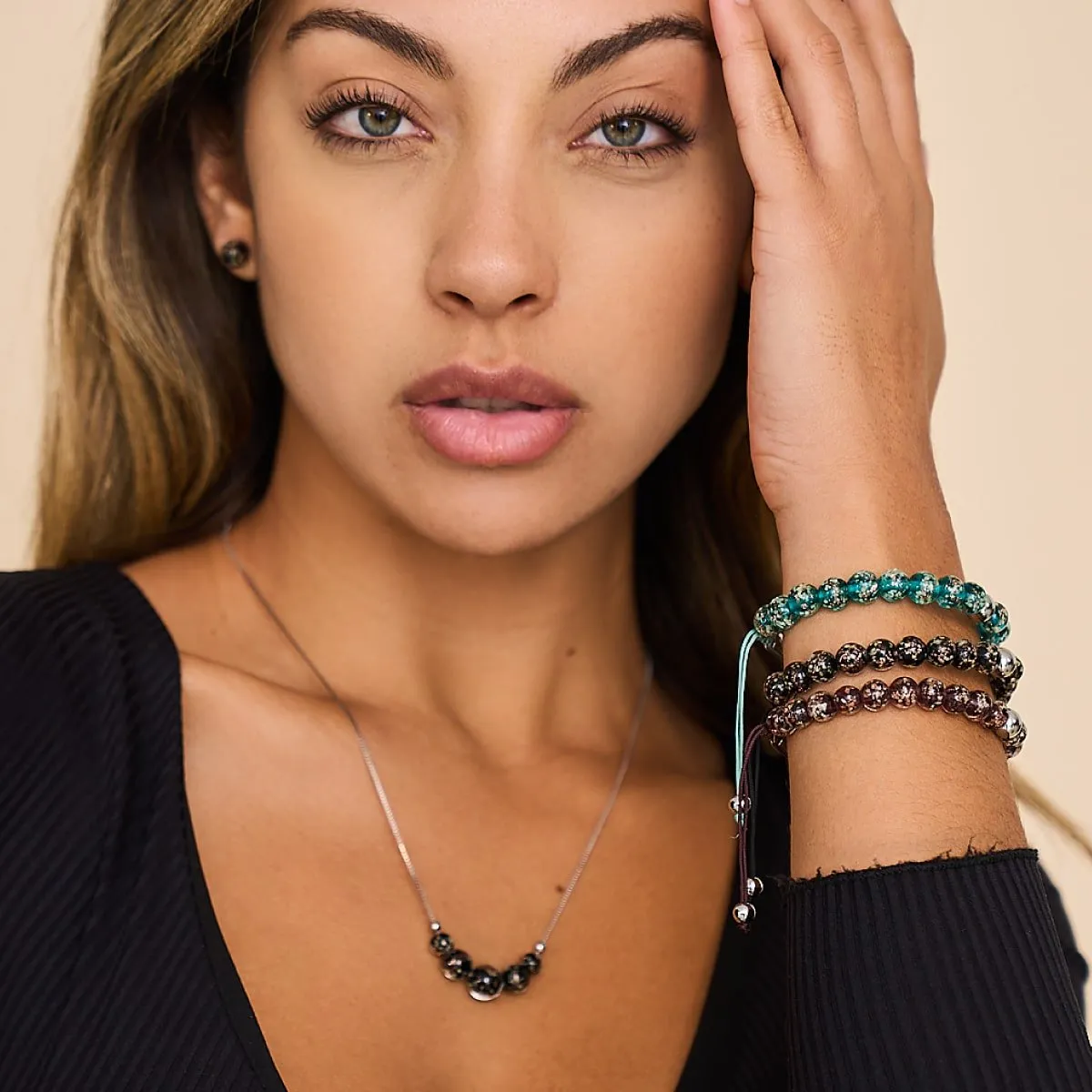 Obsidian | Silver | Firefly Glass Macrame Bracelet