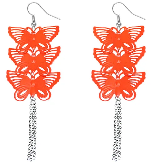 Orange Cascade Butterfly Chain Earrings