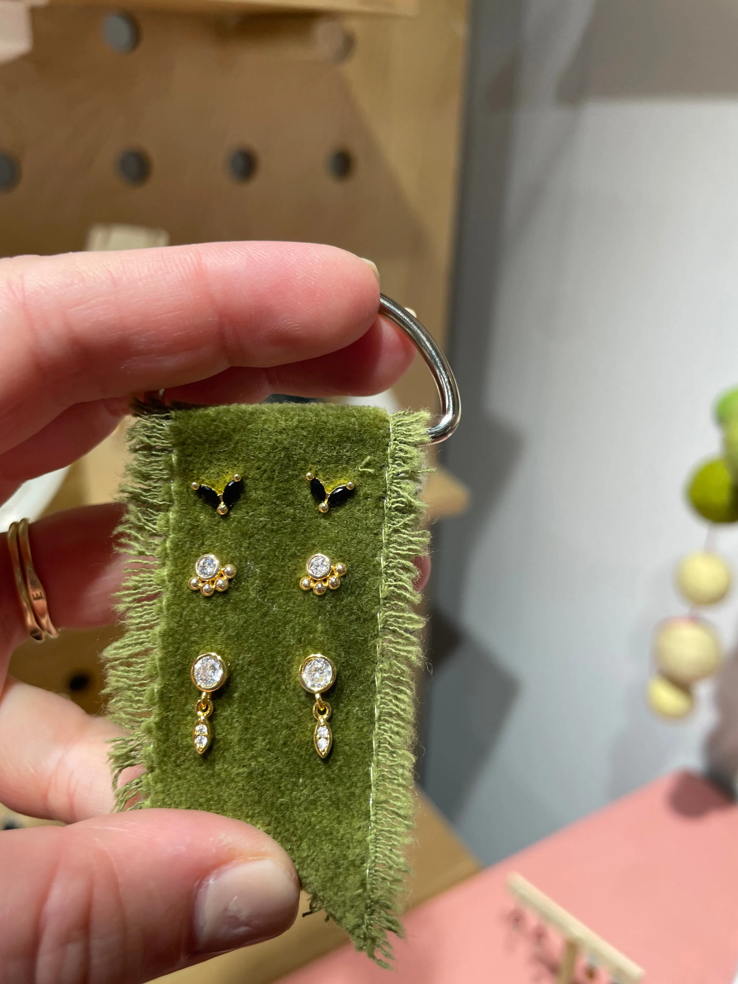 Ornament Three Post Stud Earring Package on Velvet Ribbon Gold or Silver Gemstone