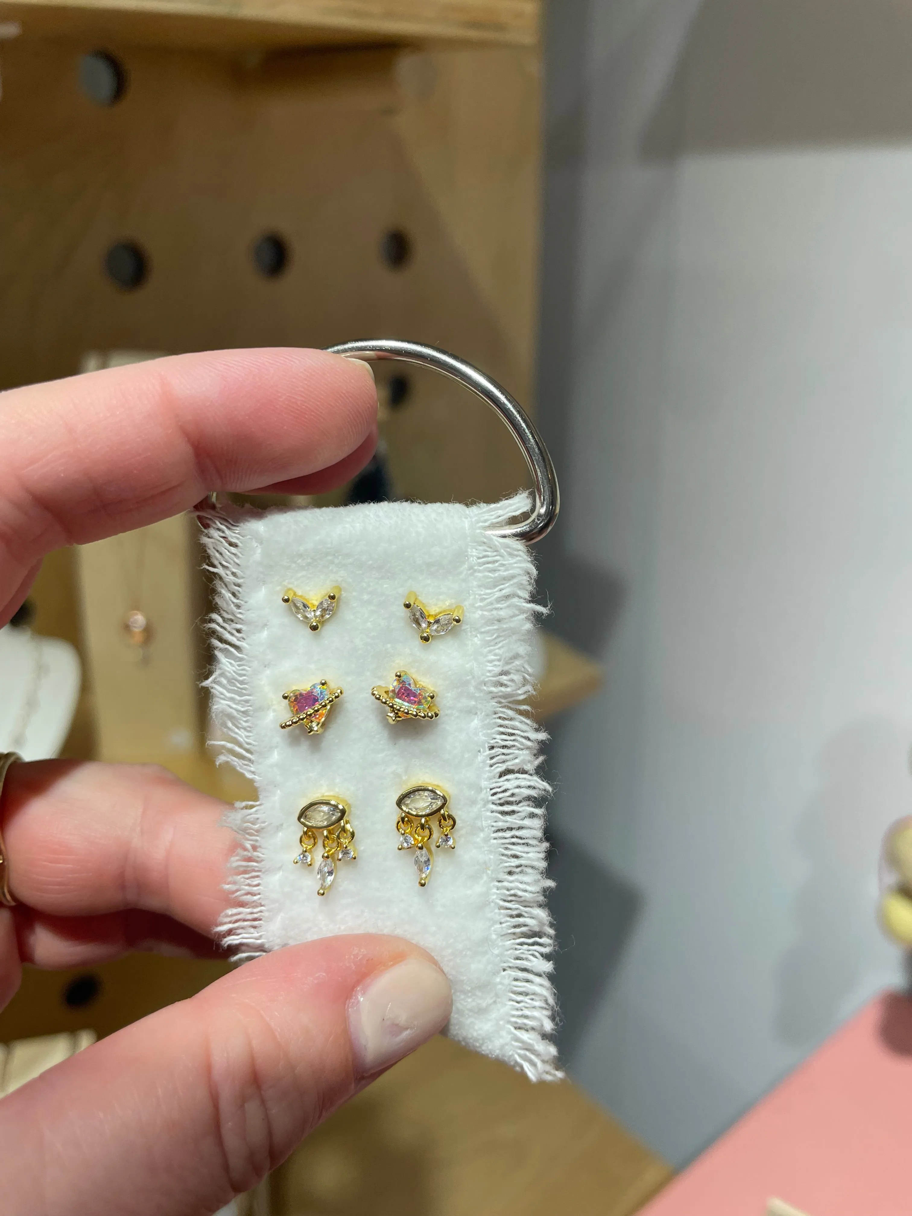 Ornament Three Post Stud Earring Package on Velvet Ribbon Gold or Silver Gemstone