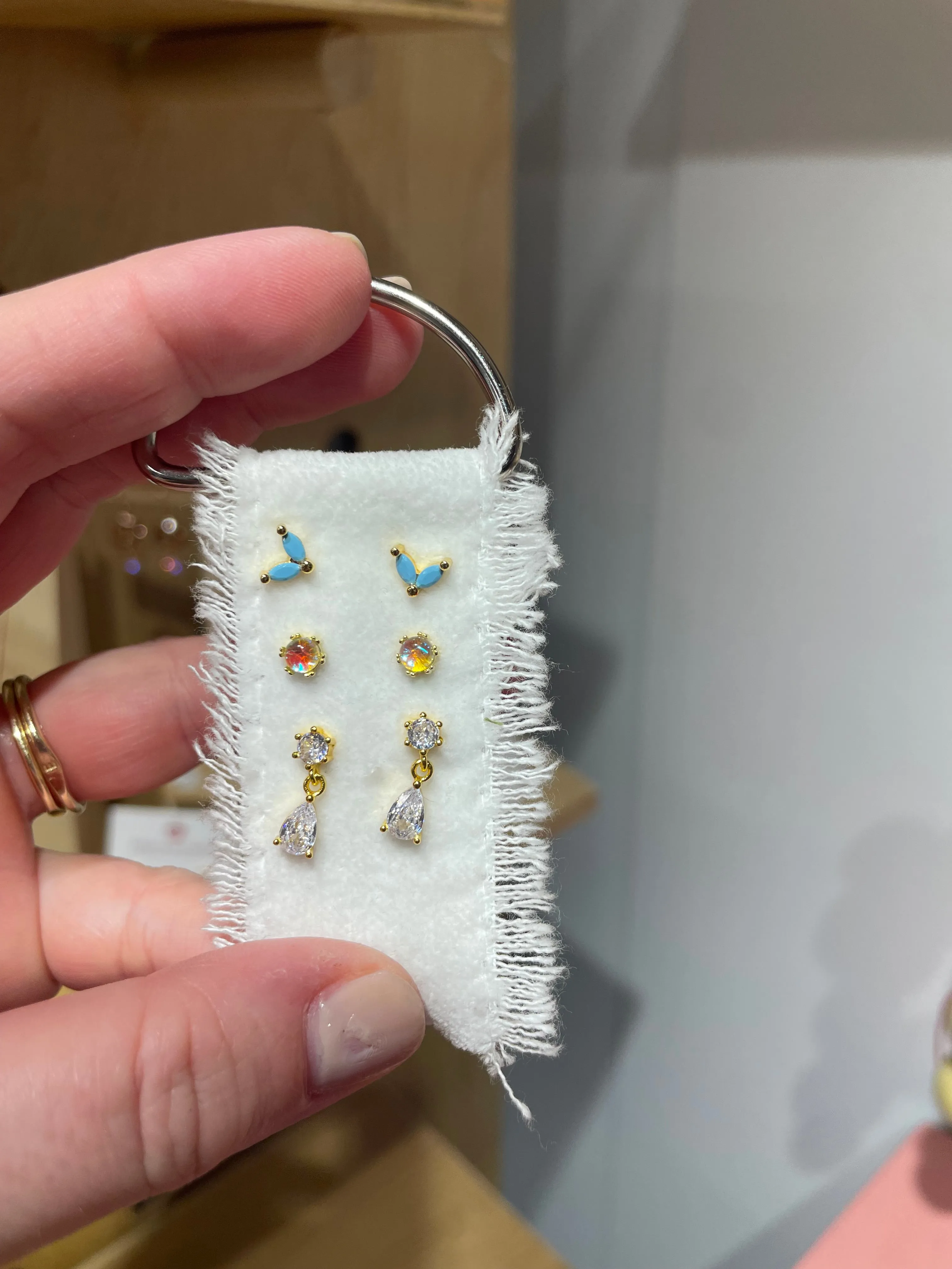Ornament Three Post Stud Earring Package on Velvet Ribbon Gold or Silver Gemstone