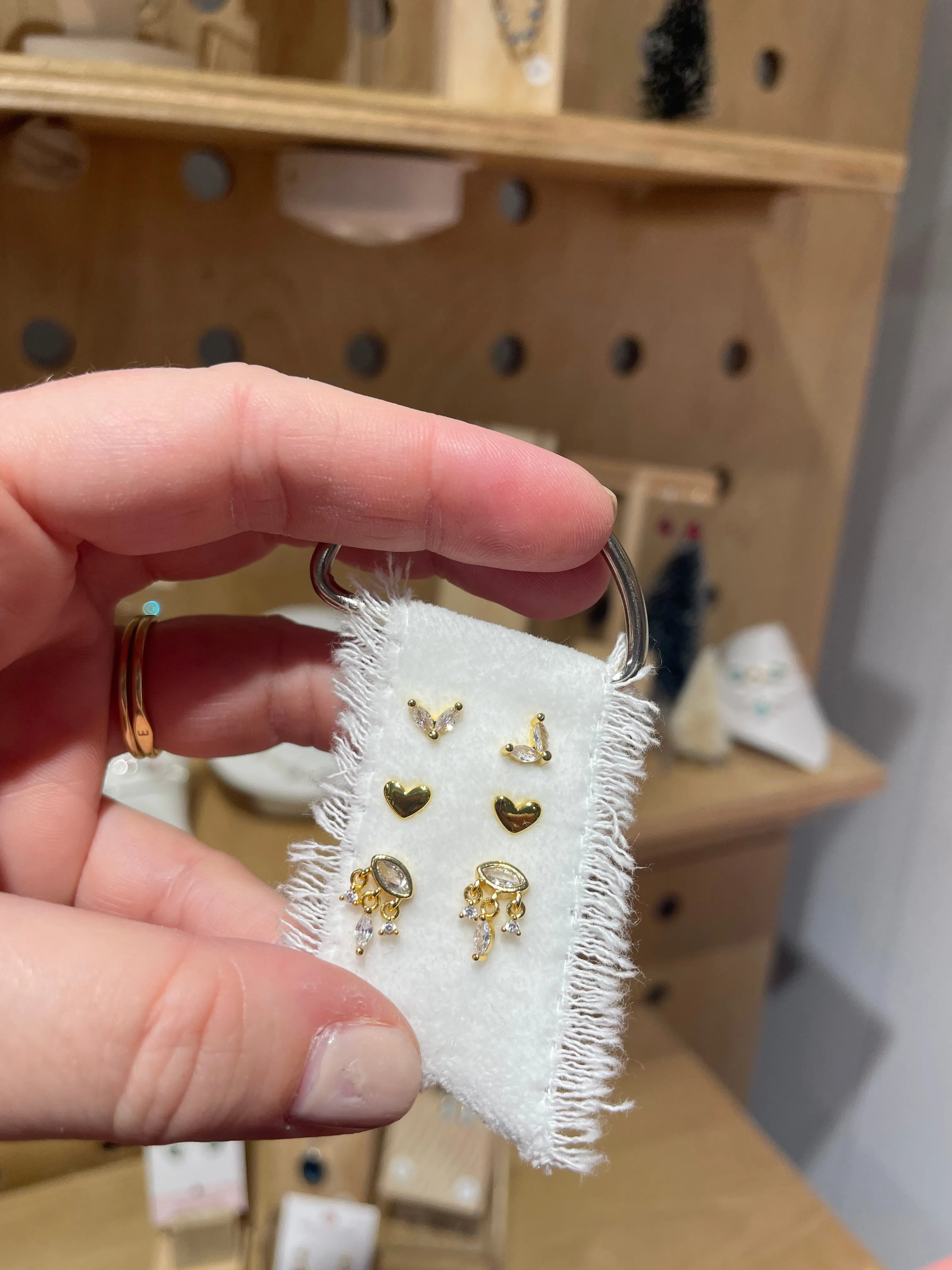 Ornament Three Post Stud Earring Package on Velvet Ribbon Gold or Silver Gemstone